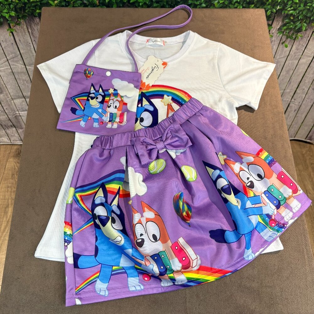 Bluey NWT White Purple Girls Skirt Outfit with Purse Size 140/8-10 (SKU: 160G)